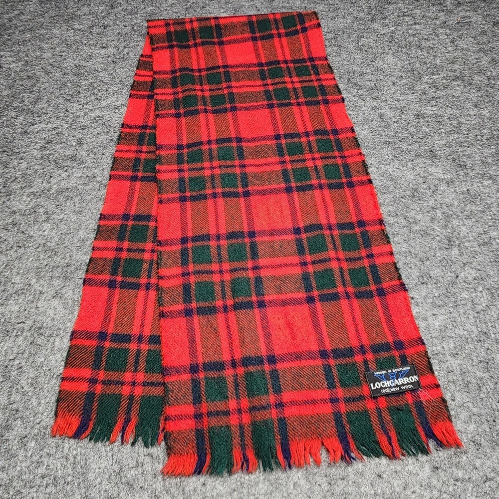 Lochcarron New Wool Woven in Scotland Tartan Plaid Red Green Navy Scarf
